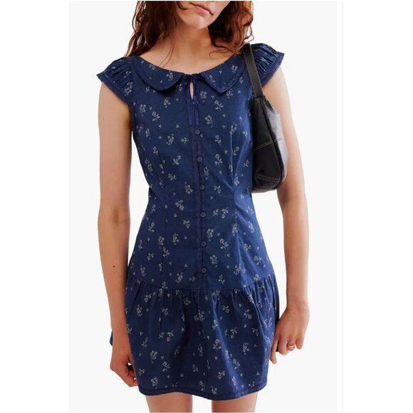 NWT size SMALL Free People BEASLEY Mini dress cotton navy floral collared blue - Picture 16 of 16
